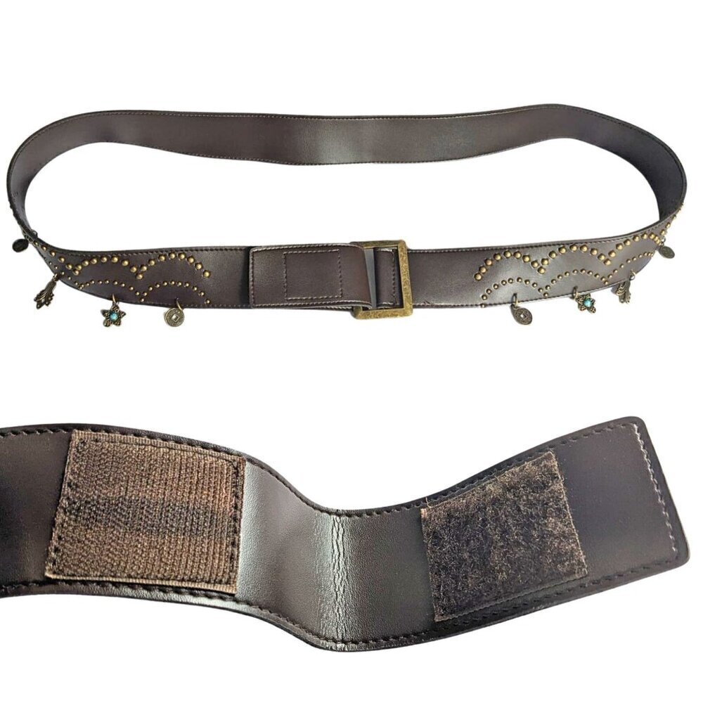 Vtg Y2K Dangling Charm Wide Low Rise Studded Brown Faux Leather Belt Sz 48/1X - Picture 5 of 5